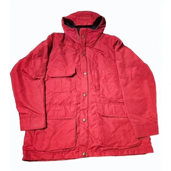 Vintage The Woolrich Woman Red Lined Hooded Barn Chore Zip W /Flap Pockets Sz L - Picture 1 of 13